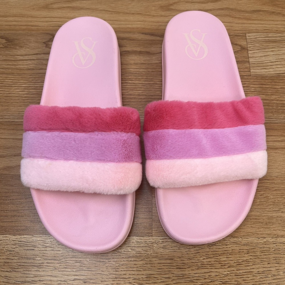 Victoria's Secret PINK Sherpa Slides Flip Flops Sandals Women's 9-10 Large NEW
